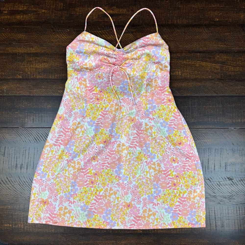White Fox Floral Ruched Bust Open Back Mini Dress Pink Large Cottagecore Boho